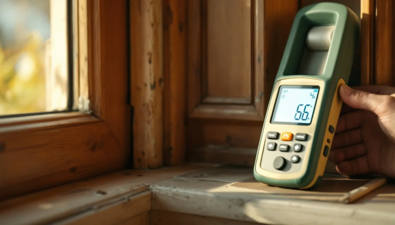 RICS Chartered Surveyors Near Me — A surveyor inside an Essex home using a moisture meter to check for damp around RICS Chartered Surveyors Near Me — A surveyor inside an Essex home using a moisture meter to check for damp around