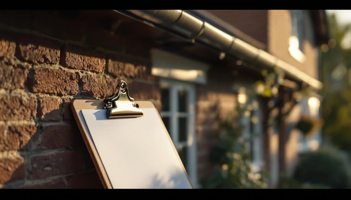 What To Expect From A Homebuyer Report — A surveyor in safety gear inspecting the roofline and gutters of a detached Esse What To Expect From A Homebuyer Report — A surveyor in safety gear inspecting the roofline and gutters of a detached Esse