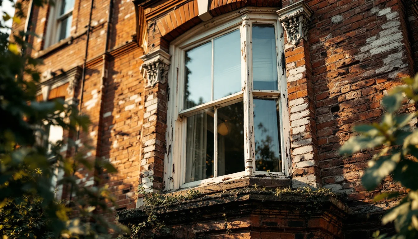 How To Find A Reliable Surveyor In Essex — Surveyor closely examining brickwork and window frames of a classic Essex home, Period brick house with an original sash window, the kind a surveyor inspects in Essex