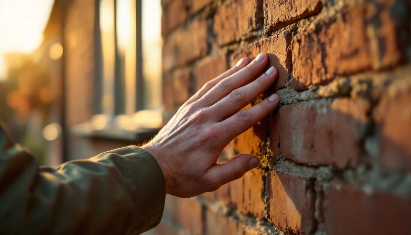 Top Tips For Property Valuation Essex — A RICS surveyor in high-visibility vest examining the brickwork and windows of a Top Tips For Property Valuation Essex — A RICS surveyor in high-visibility vest examining the brickwork and windows of a