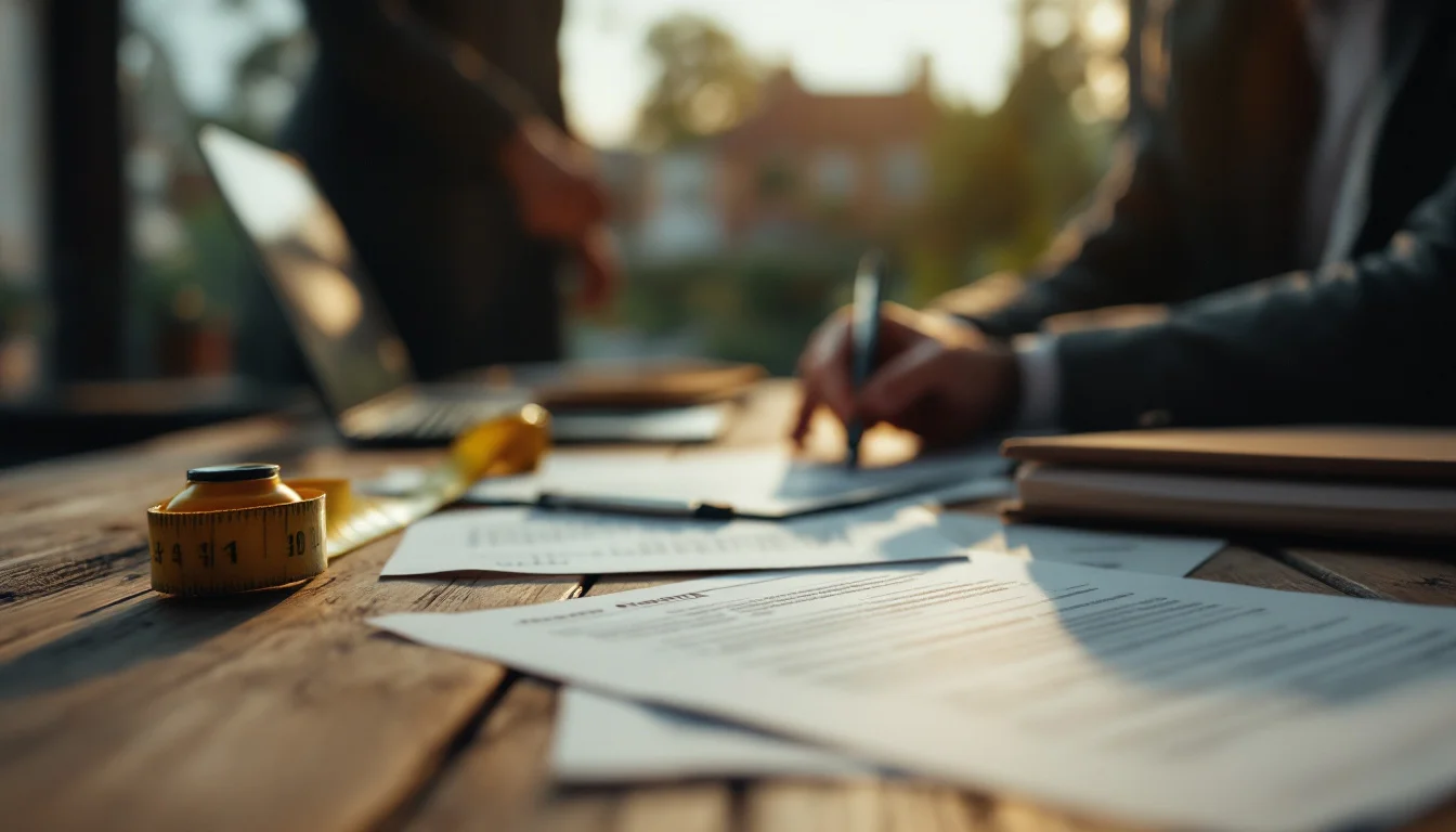 Client signing surveyor paperwork at a desk