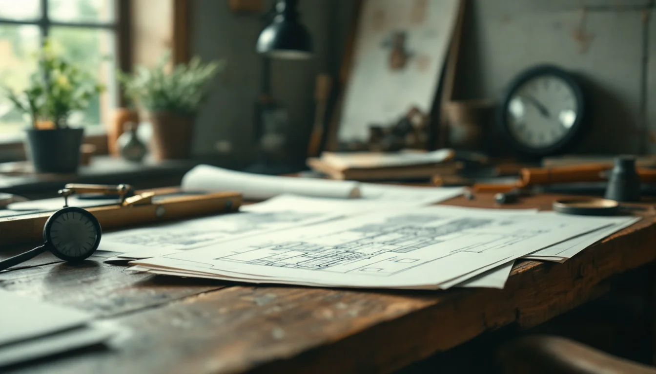 How To Find A Reliable Surveyor In Essex — Two surveyors in an office in Essex reviewing a detailed building survey report Survey plans and a clock on a desk in a surveyor's office