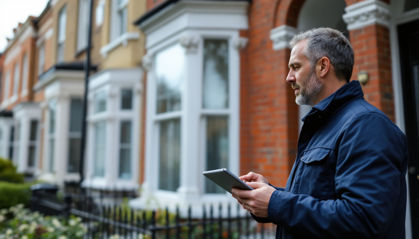 Chartered surveyor with a tablet inspecting a Victorian terraced house in London