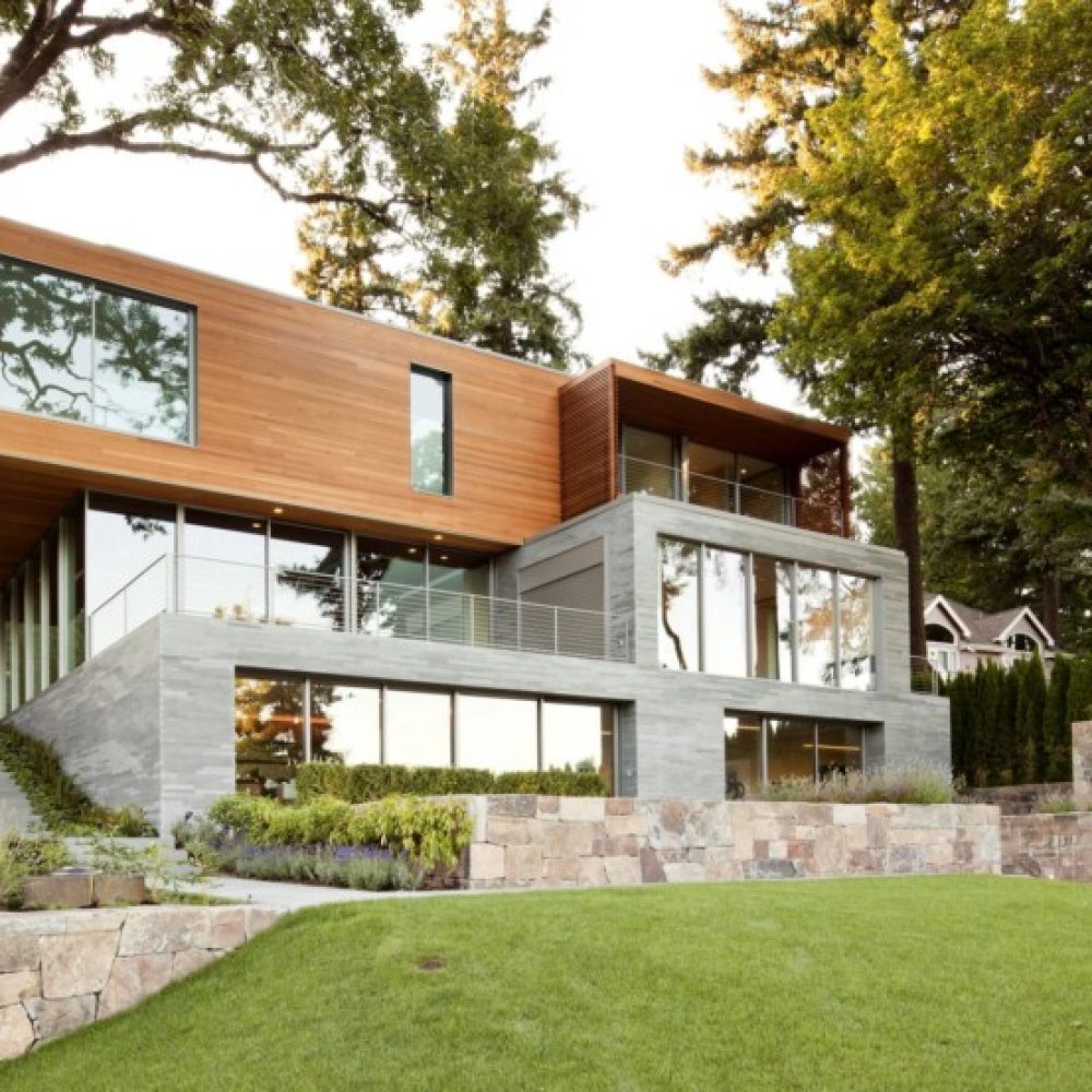 Modern architect-designed house with timber cladding and landscaped garden